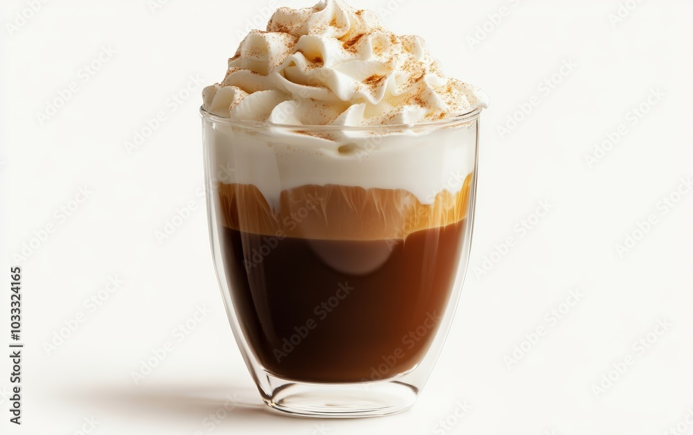 A cup of coffee. A trendy drink with whipped cream, coffee foam and milk in a double-glazed glass. professional stock photo on white background A cup of coffee. A trendy drink with whipped cream, coffee foam and milk in a double-glazed glass. professional stock photo on white background