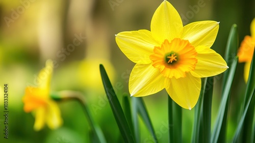 A close up of a blooming daffodil, with delicate petals and a soft focus background, spring warm light