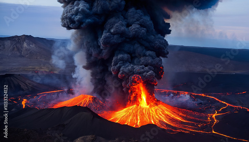 Volcanic eruption, aerial view of volcano with ashes and lava. photo