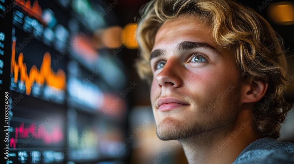 Focused Professional Man Analyzing Data on Large Digital Screen in Modern Office Focused Professional Man Analyzing Data on Large Digital Screen in Modern Office