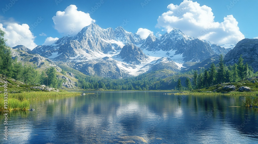 A serene mountain landscape with a clear lake reflecting the sky and surrounding nature.
