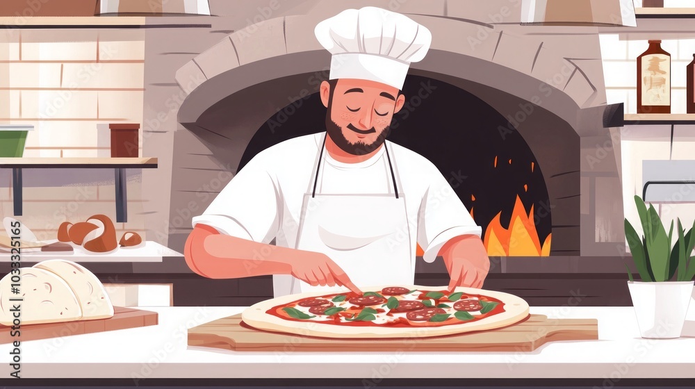 Pizzaiolo Preparing a Delicious Pizza in a Wood Fired Oven Pizzaiolo Preparing a Delicious Pizza in a Wood Fired Oven