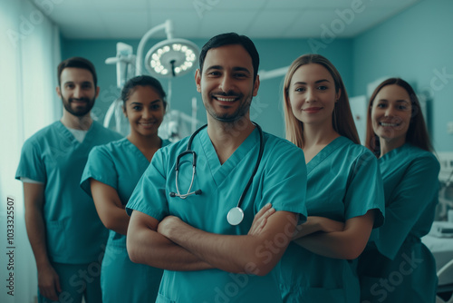 Confident medical team of diverse doctors and nurses in green scrubs standing together with arms crossed in a hospital room
