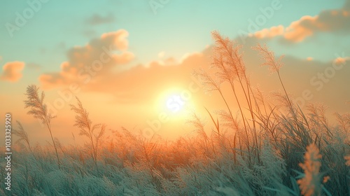 Sunset Over Grass Field With Golden Hour Sky