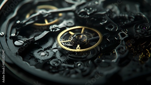 Intricate dismantled mechanical watch with detailed gears and springs on dark background, symbolizing precision and complexity in teardown analysis.