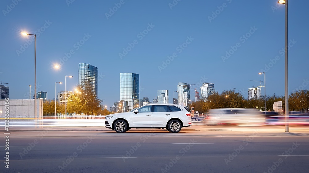 A dynamic urban road scene at night, with bustling city lights and blurred motion effects of passing cars creating an exhilarating atmosphere. A parked luxury SUV shines under studio lighting, A dynamic urban road scene at night, with bustling city lights and blurred motion effects of passing cars creating an exhilarating atmosphere. A parked luxury SUV shines under studio lighting,