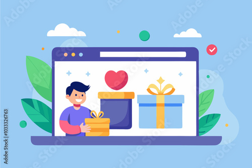 Online gift giving concept with happy person presenting wrapped gifts for special occasions