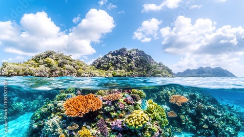 Fototapeta Naklejka Na Ścianę i Meble -  A serene landscape capturing the tranquility of the Great Barrier Reef, with vibrant coral formations visible through crystal-clear waters. Divers exploring the underwater paradise create a sense of