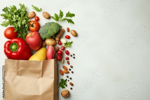 A paper bag filled with fresh produce, nuts, and spices spilling out onto a white background.