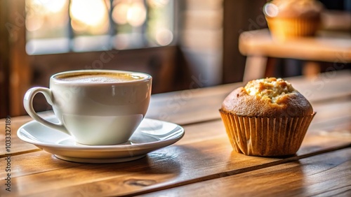 Breaktime moment at a cozy cafe eye level with coffee, muffin, relaxation photo