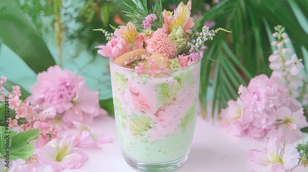 Delicate Pink and Green Dessert with Flowers  Elegant Cake in Glass  Closeup  Sweet Treat
