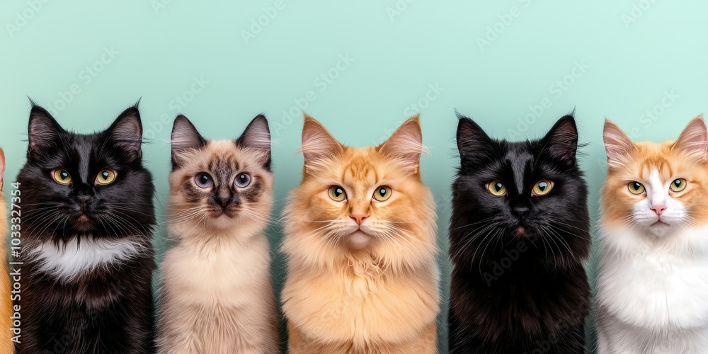 Cute Cats Looking at Camera in a Row on Pastel Background Cute Cats Looking at Camera in a Row on Pastel Background