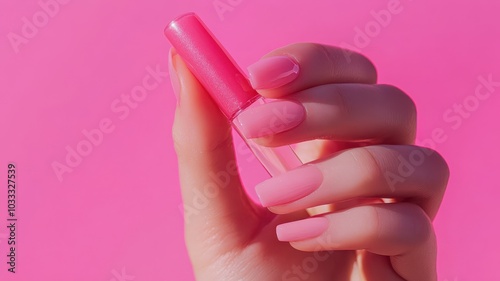 Woman Hand holding Pink lip gloss tint with color shading pallete smudge gel,Liquid lipsticks with smudge stroke paint,makeup cosmetic lips, product mockup for beauty fashion,swatch color,template.