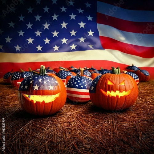 Halloween pumpkins with an American flag motive in the background and over some of the pumpkins. 