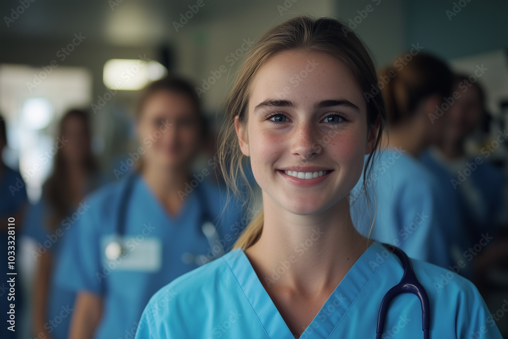 Portrait of a smiling young female nurse wearing blue scrubs and a stethoscope in a hospital hallway with other nurses in the background Portrait of a smiling young female nurse wearing blue scrubs and a stethoscope in a hospital hallway with other nurses in the background