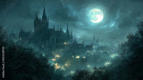 Gothic Castle Cityscape Under Full Moon Night