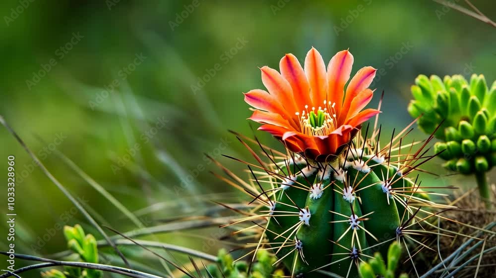 A bright red cactus flower blooms in the desert sun A bright red cactus flower blooms in the desert sun