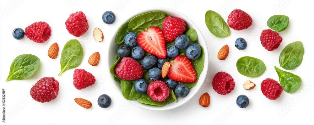 Flatlay of a mixed berry salad with spinach, featuring strawberries, blueberries, and raspberries, sprinkled with almond slivers and a poppyseed dressing, 3D illustration Flatlay of a mixed berry salad with spinach, featuring strawberries, blueberries, and raspberries, sprinkled with almond slivers and a poppyseed dressing, 3D illustration