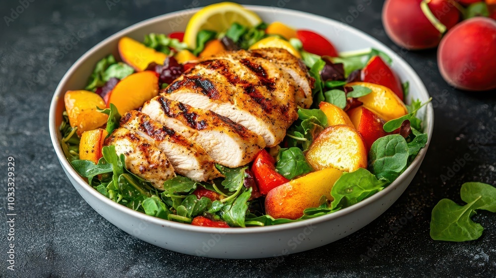 Fresh summer salad with mixed greens and juicy peaches, topped with grilled chicken and drizzled with a lemon vinaigrette, 3D illustration Fresh summer salad with mixed greens and juicy peaches, topped with grilled chicken and drizzled with a lemon vinaigrette, 3D illustration