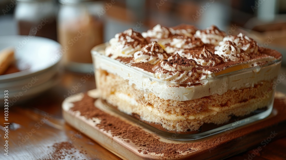 Tiramisu dessert in a glass dish sits on a wooden table, dusted with cocoa. Concept of indulgence and delicious homemade sweets. For food blog content..