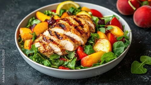 Fresh summer salad with mixed greens and juicy peaches, topped with grilled chicken and drizzled with a lemon vinaigrette, 3D illustration