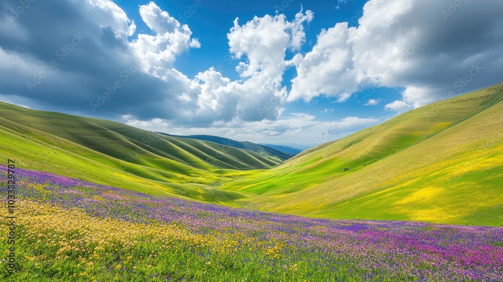 Fototapeta premium Colorful Meadow Under Blue Sky with Clouds