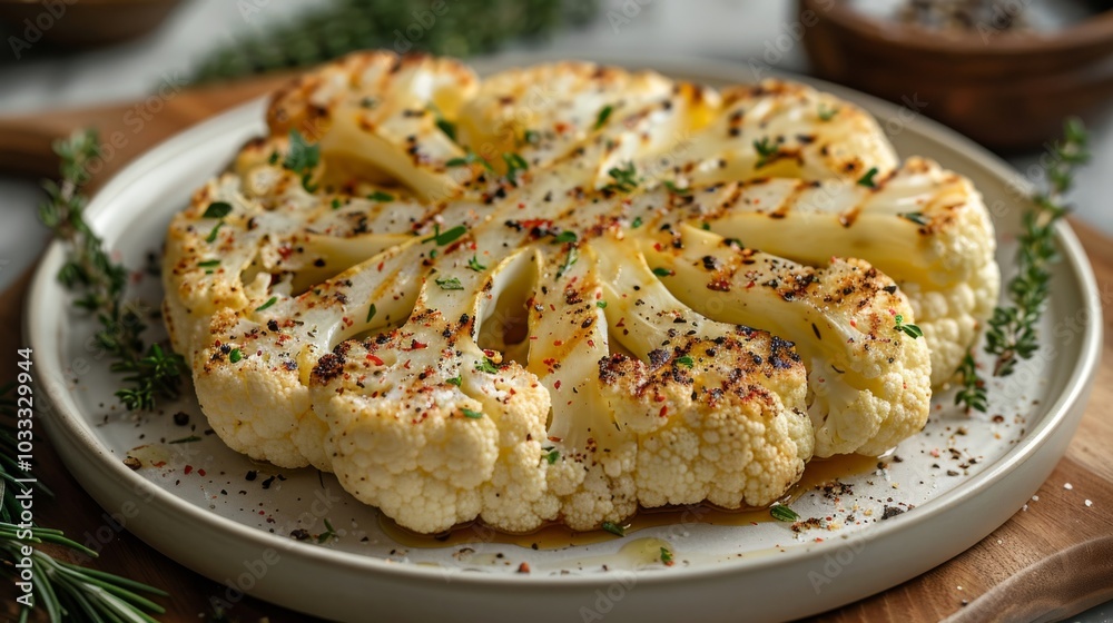Grilled cauliflower steak with spices sits on a plate surrounded by herbs. Concept of healthy, vegetarian cuisine. For food blog or recipe illustration.. Grilled cauliflower steak with spices sits on a plate surrounded by herbs. Concept of healthy, vegetarian cuisine. For food blog or recipe illustration..
