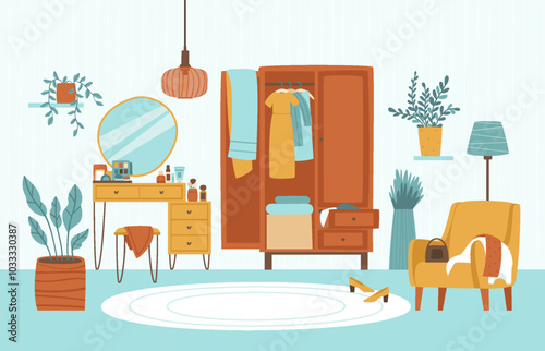 Room with wardrobe, dressing table and chair for choosing outfit and makeup. Mess in fitting room. Vanity table with cosmetics. Flat vector illustration.