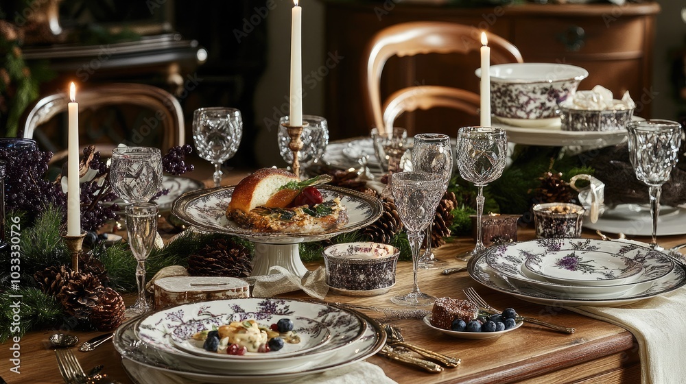 Fototapeta premium Elegant Holiday Dinner Table with Fine Dining Decor