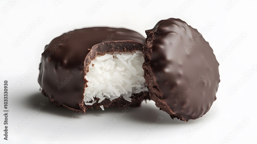 Coconut Patty Covered in Chocolate on a White Background. Coconut Patty Covered in Chocolate on a White Background.