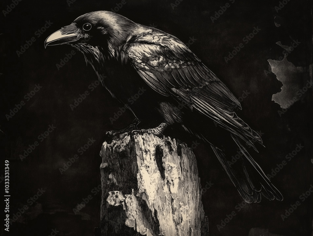 Fototapeta premium Enigmatic Essence: A Mysterious Raven Perched in Dark Monochrome Ink Drawing