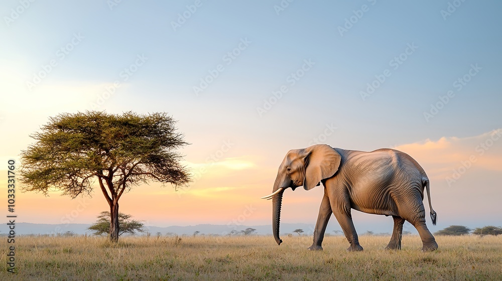A serene scene capturing a majestic elephant walking gracefully through a sun-drenched savannah, with acacia trees silhouetted against a vibrant sunset sky. The composition allows ample space for A serene scene capturing a majestic elephant walking gracefully through a sun-drenched savannah, with acacia trees silhouetted against a vibrant sunset sky. The composition allows ample space for