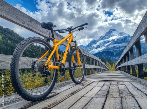 Yellow Mountain Bike on a Wooden Bridge with a Snowy Mountain Peak in the Background