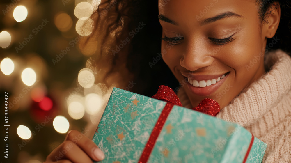 A joyful woman unwraps a beautifully wrapped gift during a festive holiday celebration in a cozy, decorated room with twinkling lights A joyful woman unwraps a beautifully wrapped gift during a festive holiday celebration in a cozy, decorated room with twinkling lights