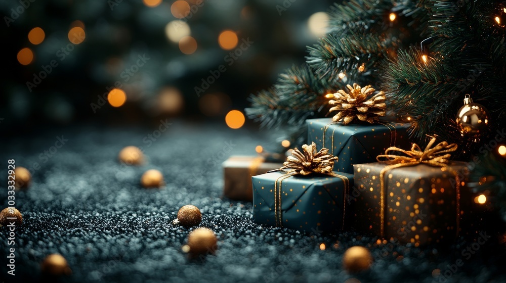 Christmas green background with a Christmas tree and gift boxes Christmas green background with a Christmas tree and gift boxes