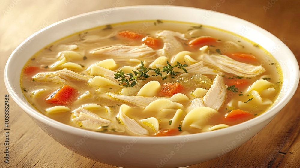 Delicious Chicken Noodle Soup in White Bowl Delicious Chicken Noodle Soup in White Bowl