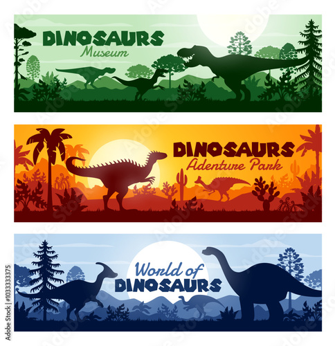 Prehistoric dinosaur silhouettes on horizontal banners with sunset landscape, vector Jurassic era background. Dino world or dinosaurs adventure park and museum banners with prehistoric giant lizards