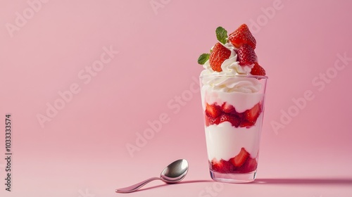 Wallpaper Mural A glass dessert parfait with layers of whipped cream, strawberry sauce and fresh strawberries, garnished with mint and a spoon on a pink background. Torontodigital.ca
