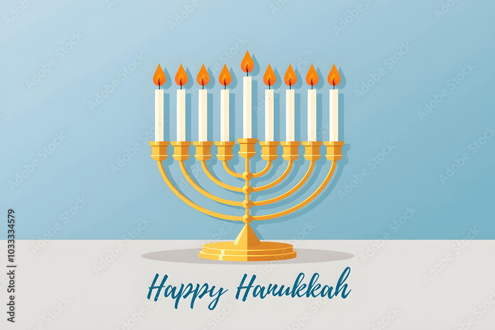 Menorah with lit candles and Happy Hanukkah text for Jewish holiday celebration Menorah with lit candles and Happy Hanukkah text for Jewish holiday celebration