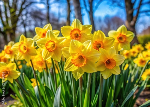 Yellow Daffodil or Spring Narcissus Flowers Blooming in a Garden