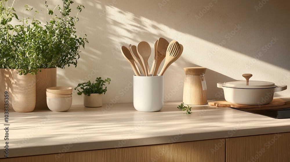 Cozy Kitchen with Wooden Utensils and Fresh Herbs Cozy Kitchen with Wooden Utensils and Fresh Herbs