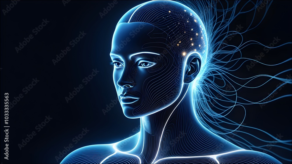Visually represent the flow of data or light in the form of a human, Add digital patterns or flows around the human head to make it look like the AI ​​is understanding human thoughts.