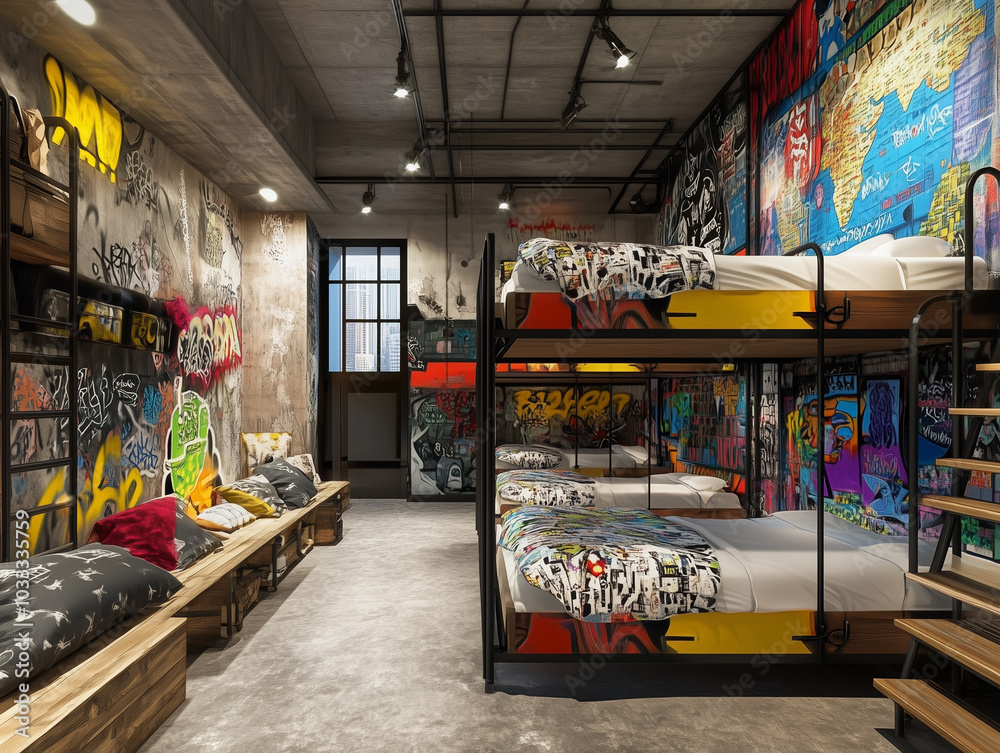 Fototapeta premium Urban Retreat: Youth Hostel with Graffiti Art and City Map Decor