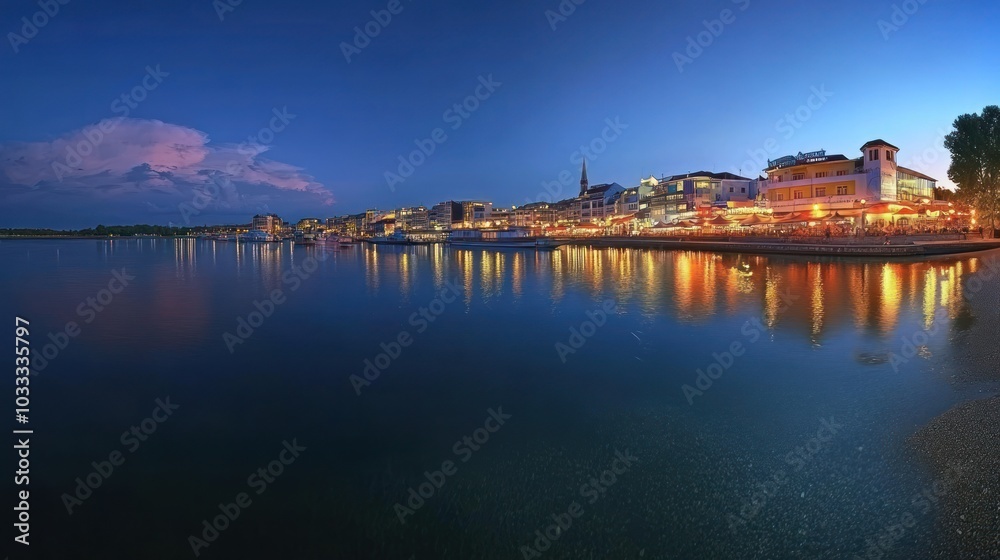Fototapeta premium Waterfront Cityscape with Illuminated Buildings and Reflections in Still Water at Twilight