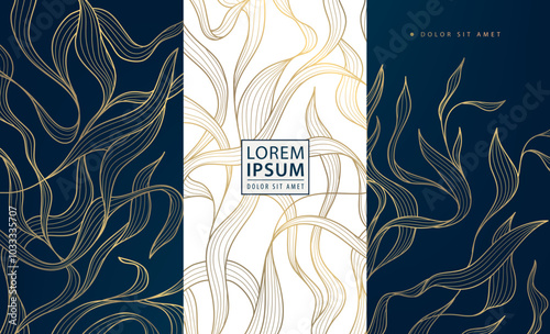 Vector art deco gold leaves pattern, floral abstract texture, vintage nature fancy cards. Nouveau motif, elegant jungle package.
