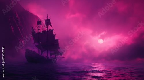 A ship is sailing in the ocean with a dark purple color scheme photo