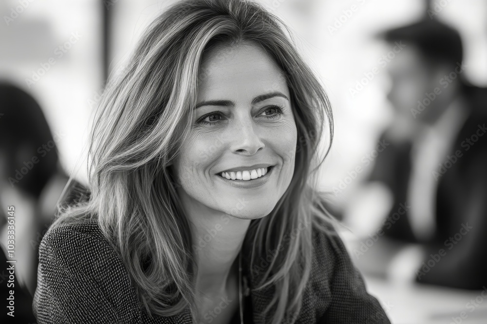 Obraz premium Smiling female executive talking in meeting, Generative AI