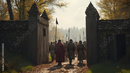 an army exit from the wooden gate of a medieval mercenary camp photo