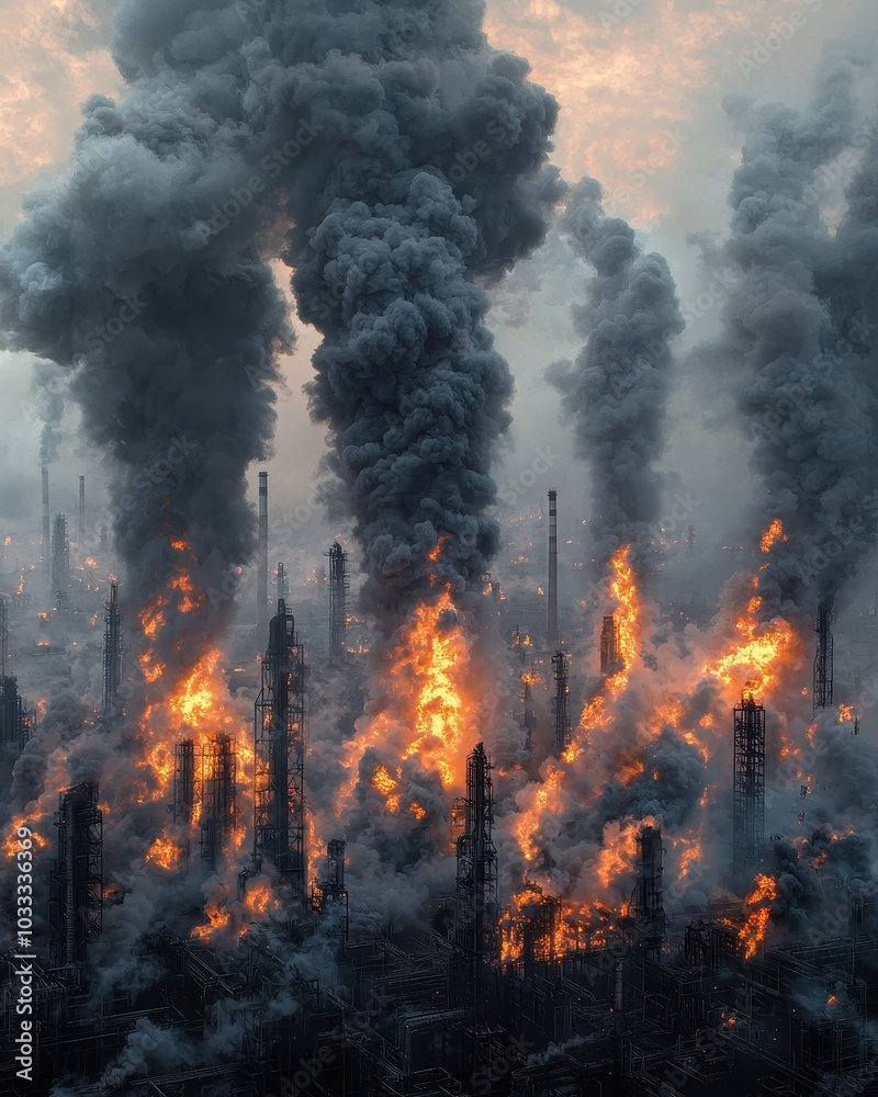 Obraz premium Industrial fire and smoke, depicting environmental impact and pollution.