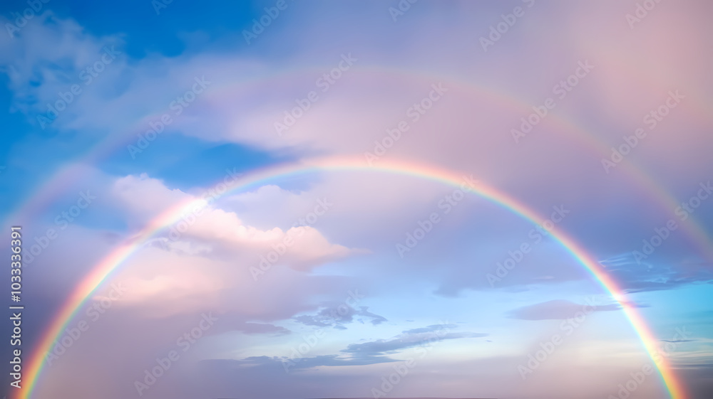 Soft double rainbow spanning the sky with pastel clouds in a serene atmosphere Soft double rainbow spanning the sky with pastel clouds in a serene atmosphere